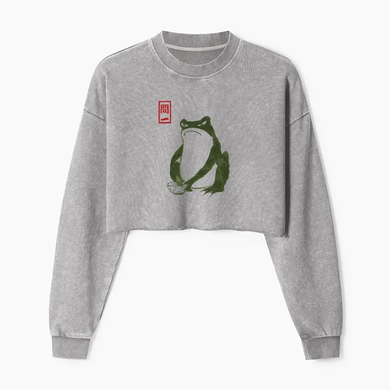 Tokyo-Tiger Woodblock Print Frog Washed Crop Sweatshirt