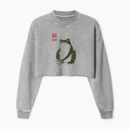 Tokyo-Tiger Woodblock Print Frog Washed Crop Sweatshirt