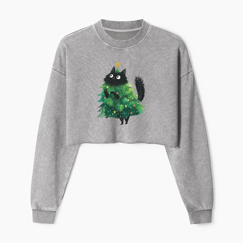 Tokyo-Tiger Christmas Tree Cat Japan Washed Crop Sweatshirt