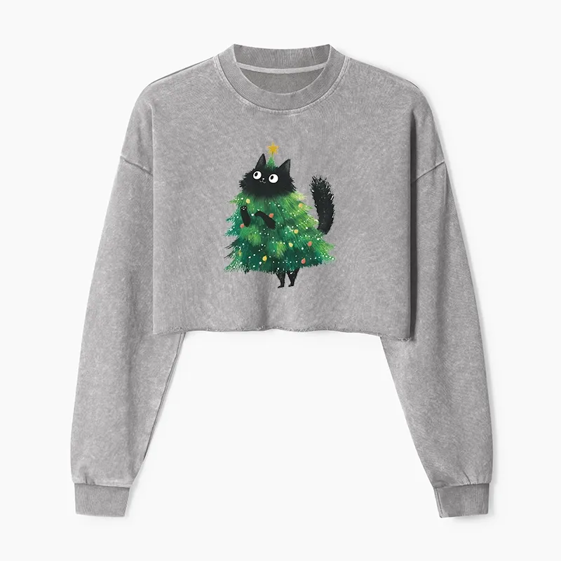 Tokyo-Tiger Christmas Tree Cat Japan Washed Crop Sweatshirt