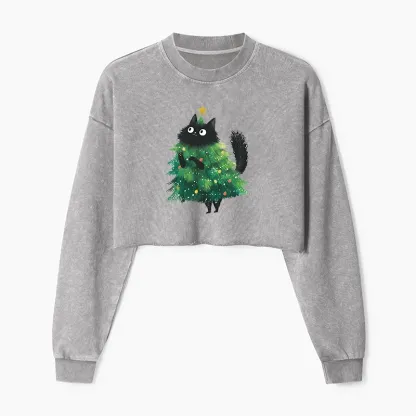 Tokyo-Tiger Christmas Tree Cat Japan Washed Crop Sweatshirt