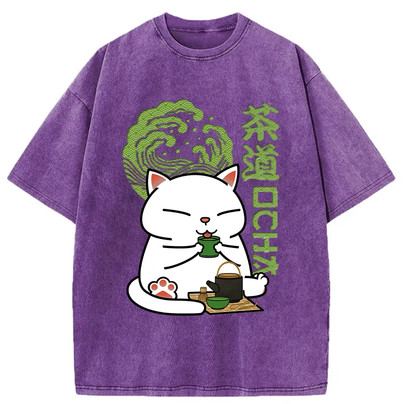 Tokyo-Tiger Cat Tasting Tea Washed T-Shirt
