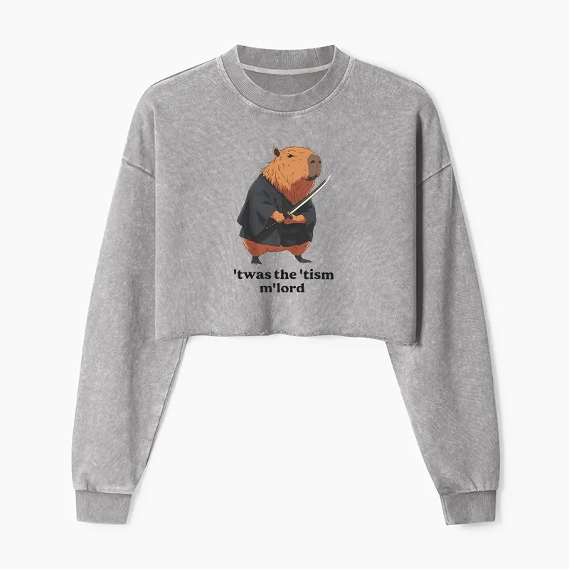Tokyo-Tiger Focused Samurai Capybara Washed Crop Sweatshirt