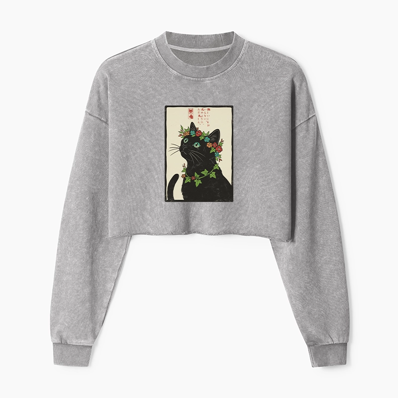 Tokyo-Tiger The Flower-Crowned Cat Washed Crop Sweatshirt