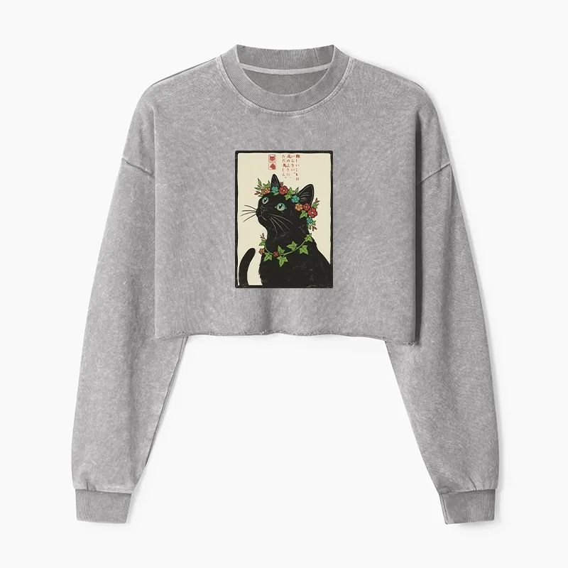 Tokyo-Tiger The Flower-Crowned Cat Washed Crop Sweatshirt