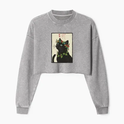 Tokyo-Tiger The Flower-Crowned Cat Washed Crop Sweatshirt