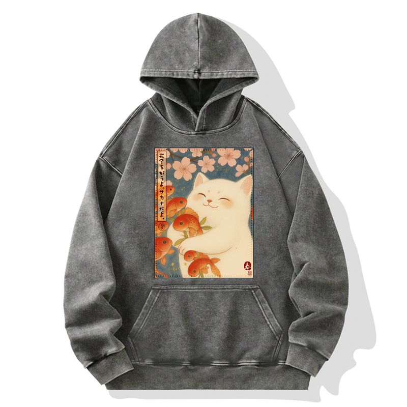 Tokyo-Tiger Funny Ukiyoe Cat and Fish Flower Washed Hoodie