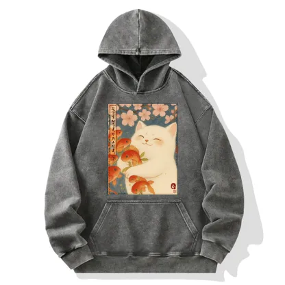 Tokyo-Tiger Funny Ukiyoe Cat and Fish Flower Washed Hoodie