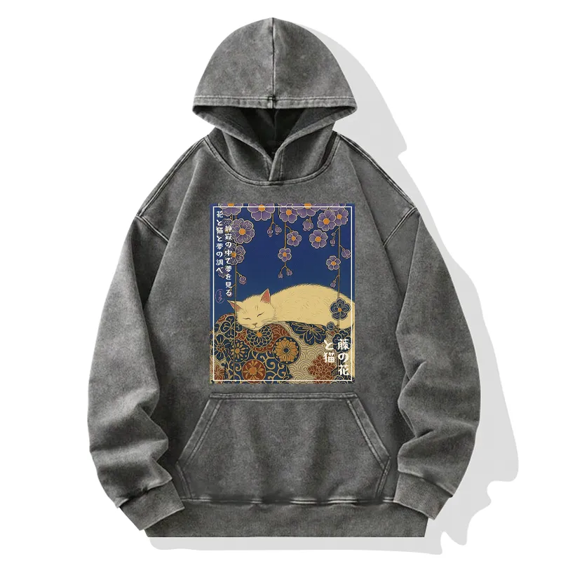 Tokyo-Tiger Ukiyoe Wisteria Flowers and Cats Washed Hoodie