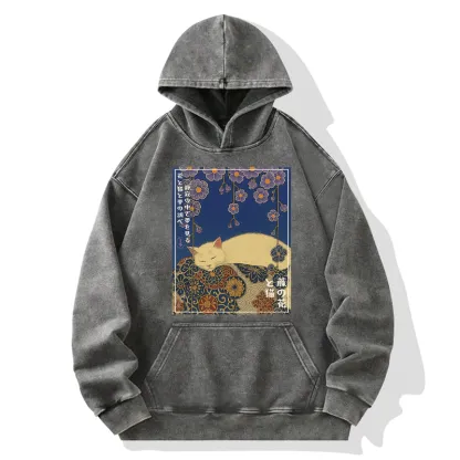 Tokyo-Tiger Ukiyoe Wisteria Flowers and Cats Washed Hoodie