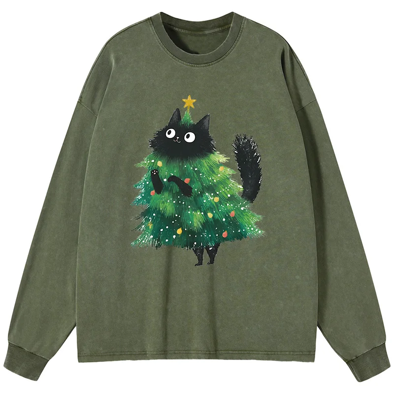 Tokyo-Tiger Christmas Tree Cat Japan Washed Long Sleeve T-Shirt