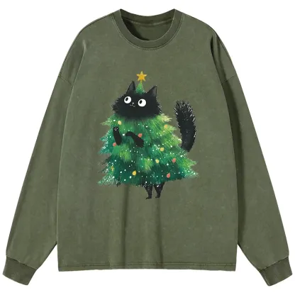 Tokyo-Tiger Christmas Tree Cat Japan Washed Long Sleeve T-Shirt