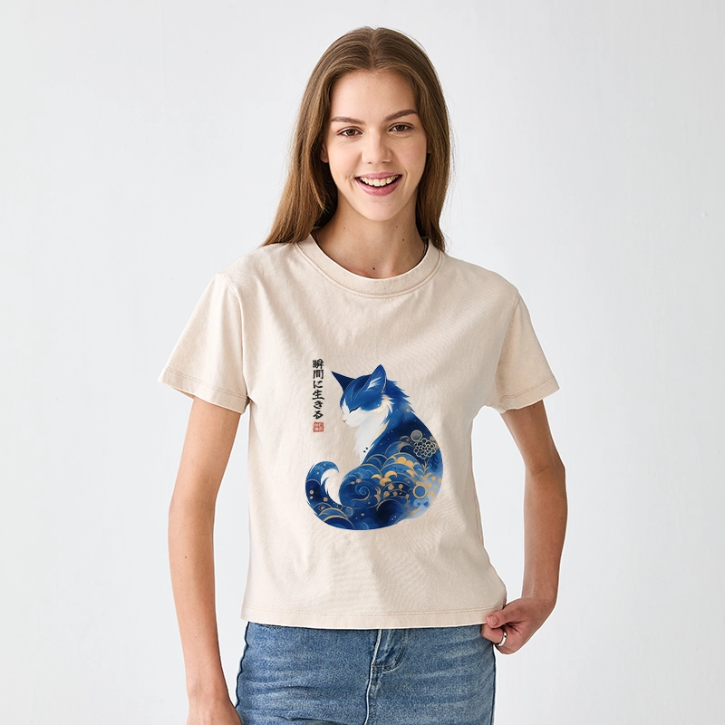 Tokyo-Tiger Retro Zen Cat: Living the Present Women's Washed T-shirt
