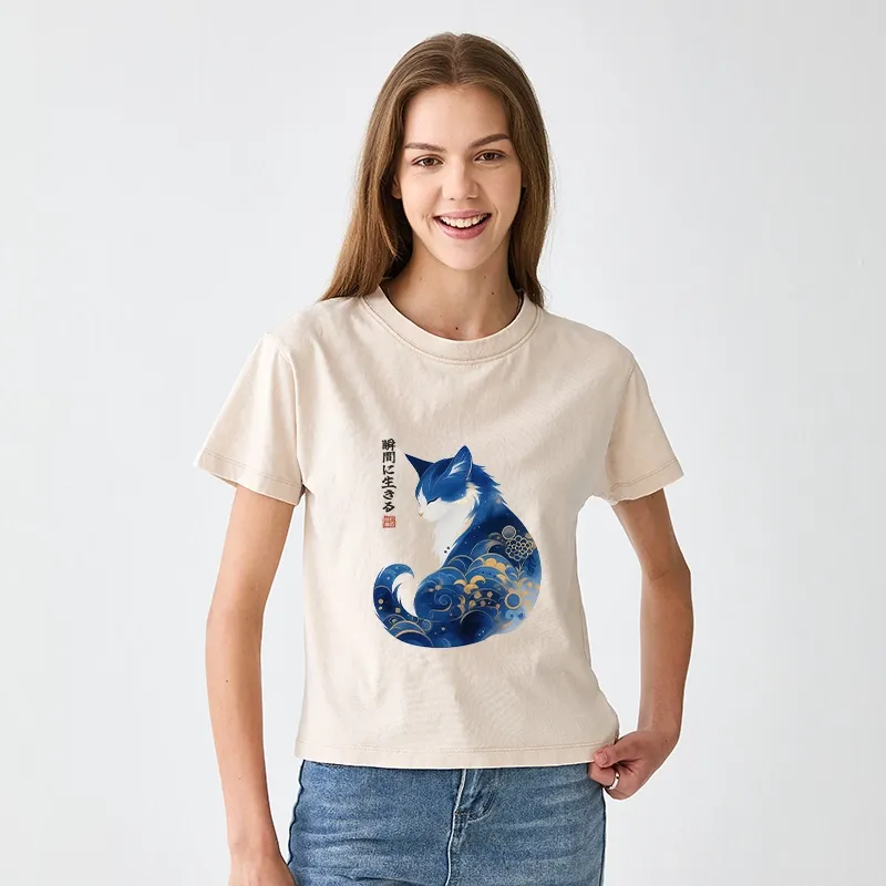 Tokyo-Tiger Retro Zen Cat: Living the Present Women's Washed T-shirt