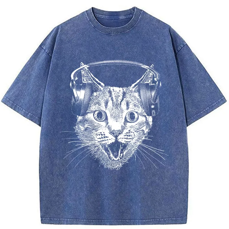 Tokyo-Tiger Cat With Headphones Washed T-Shirt
