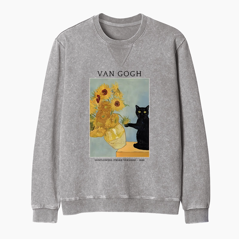 Tokyo-Tiger Black Cat With Sunflowers Washed Terry Sweatshirt