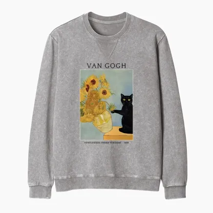 Tokyo-Tiger Black Cat With Sunflowers Washed Terry Sweatshirt