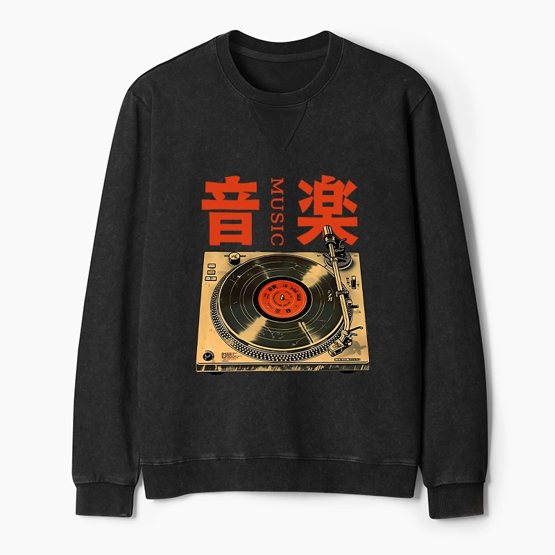 Tokyo-Tiger Retro Music Record Player Washed Terry Sweatshirt