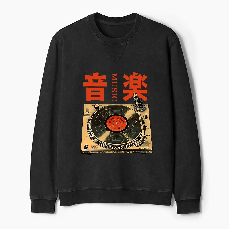 Tokyo-Tiger Retro Music Record Player Washed Terry Sweatshirt