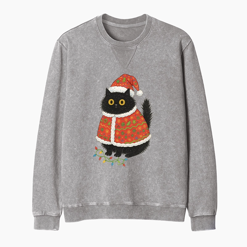 Tokyo-Tiger Cat Wearing Santa Hat Washed Terry Sweatshirt