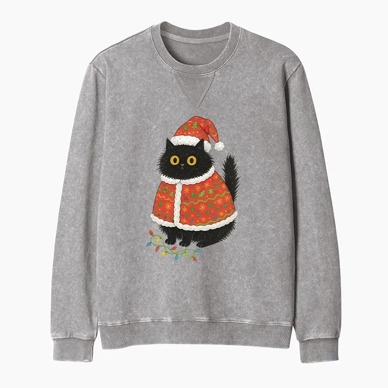 Tokyo-Tiger Cat Wearing Santa Hat Washed Terry Sweatshirt