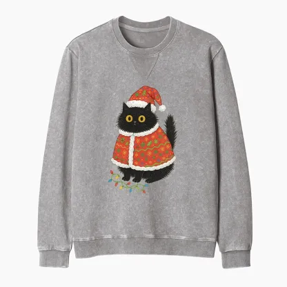 Tokyo-Tiger Cat Wearing Santa Hat Washed Terry Sweatshirt