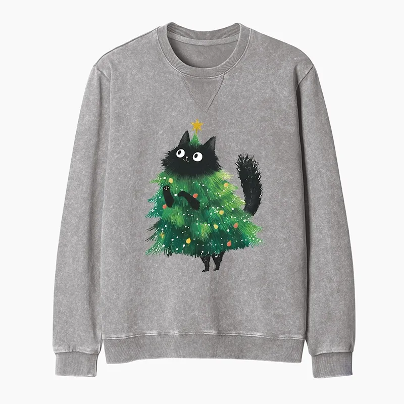 Tokyo-Tiger Christmas Tree Cat Japan Washed Terry Sweatshirt
