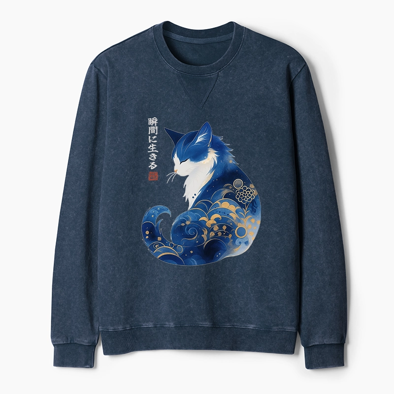 Tokyo-Tiger Retro Zen Cat: Living the Present Washed Terry Sweatshirt