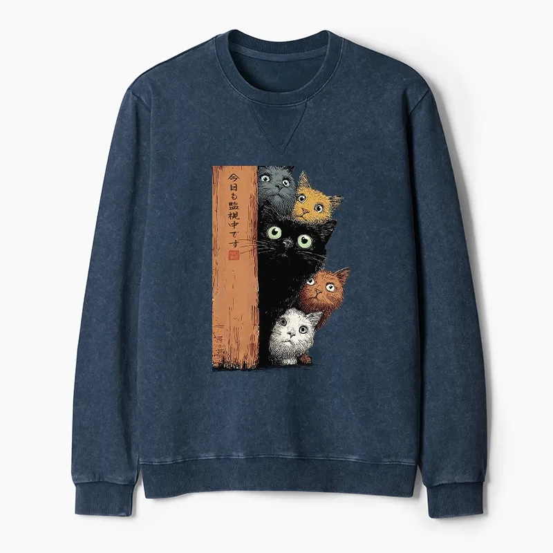 Tokyo-Tiger Five Cats Are Watching You Washed Terry Sweatshirt