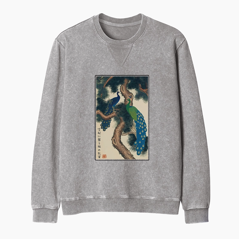 Tokyo-Tiger Peacocks in Snowy Pines Washed Terry Sweatshirt