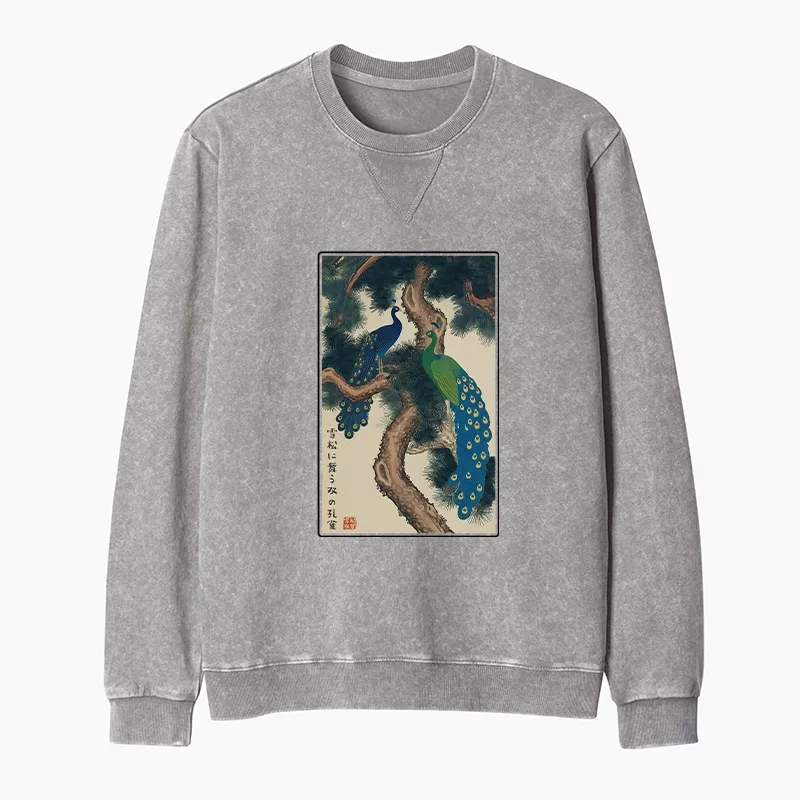 Tokyo-Tiger Peacocks in Snowy Pines Washed Terry Sweatshirt