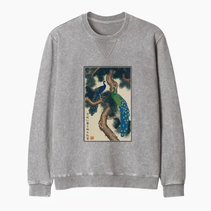 Tokyo-Tiger Peacocks in Snowy Pines Washed Terry Sweatshirt