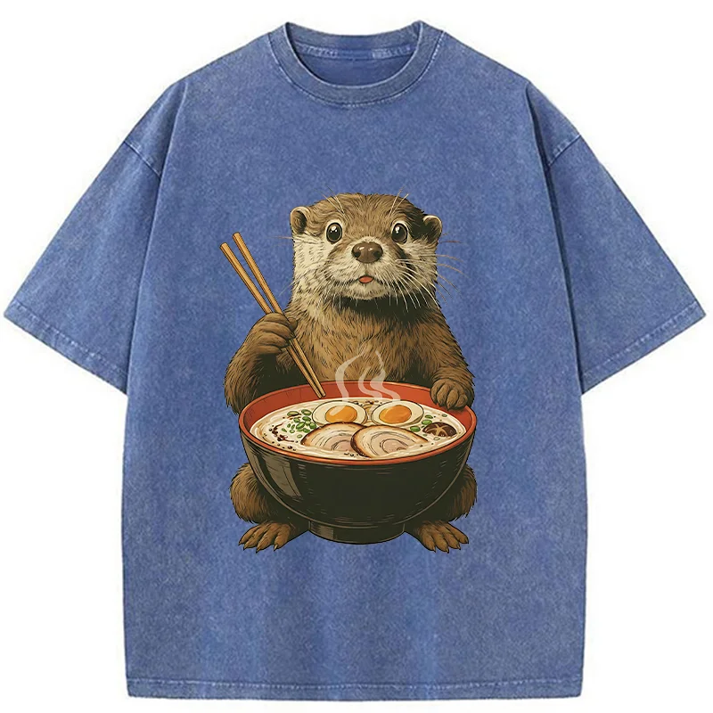 Tokyo-Tiger Otter Eating Ramen Washed T-Shirt