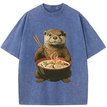 Tokyo-Tiger Otter Eating Ramen Washed T-Shirt
