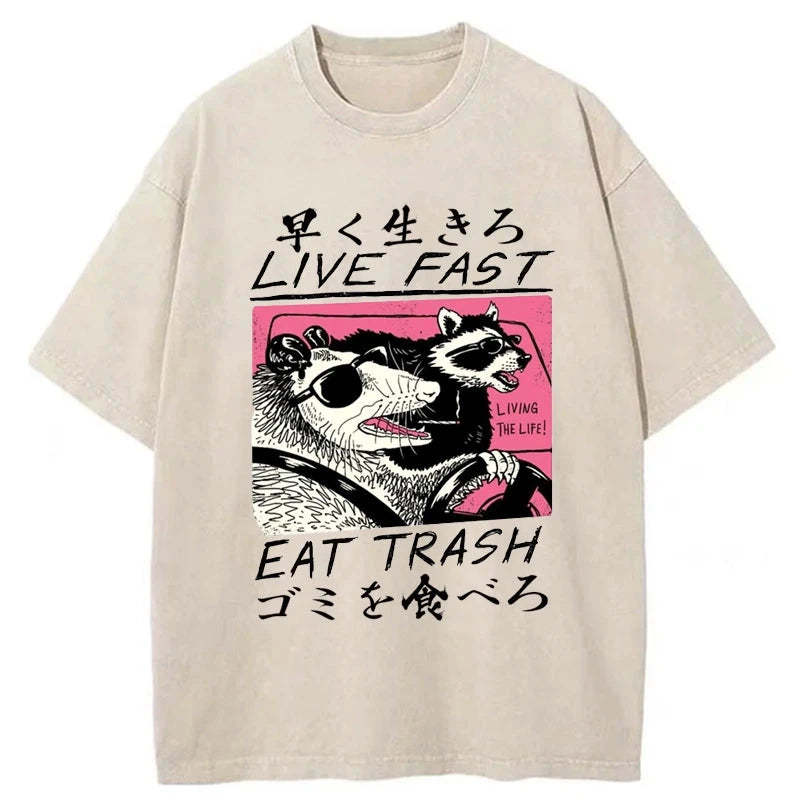 Tokyo-Tiger Live Fast  Eat Trash Washed T-Shirt