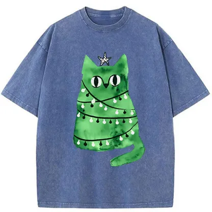 Tokyo-Tiger Christmas Tree Green Cat Washed T-Shirt