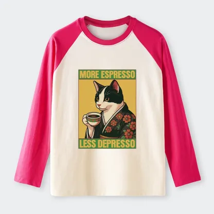 Tokyo-Tiger Tuxedo Cat Drinking Coffee Raglan Long Sleeve T-shirt