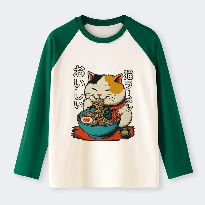 Tokyo-Tiger Cute Eat Eating Japanese Ramen Raglan Long Sleeve T-shirt