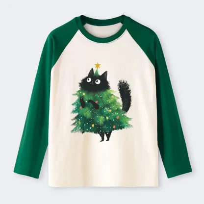 Tokyo-Tiger Christmas Tree Cat Japan Raglan Long Sleeve T-shirt