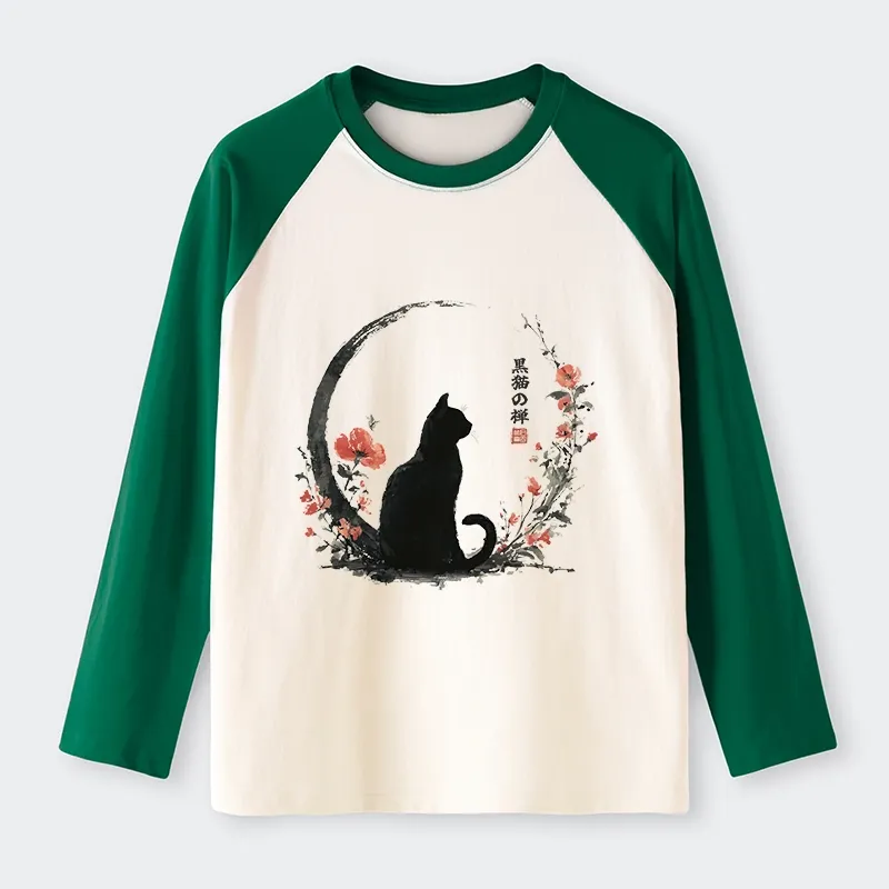 Tokyo-Tiger Black Cat And Flowers Raglan Long Sleeve T-shirt