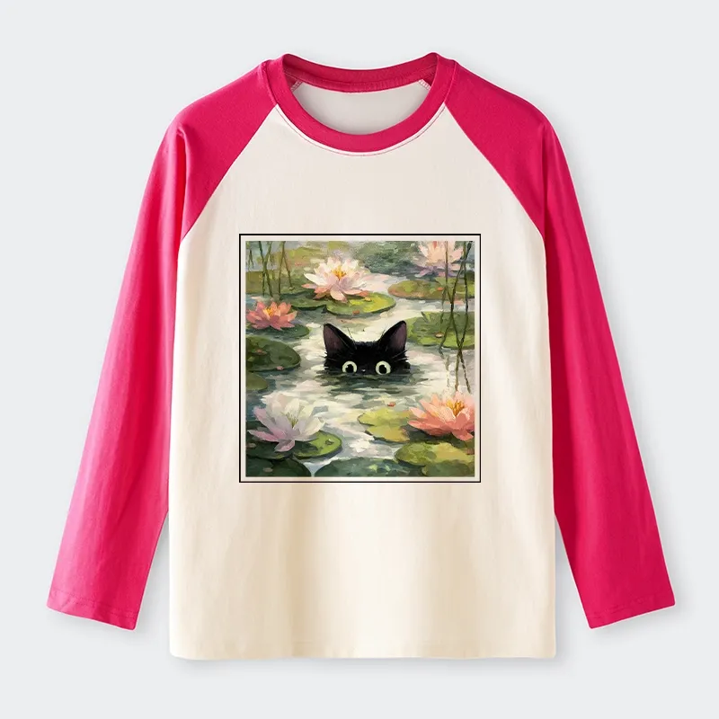 Tokyo-Tiger Black Cat and Lotus Flower Raglan Long Sleeve T-shirt
