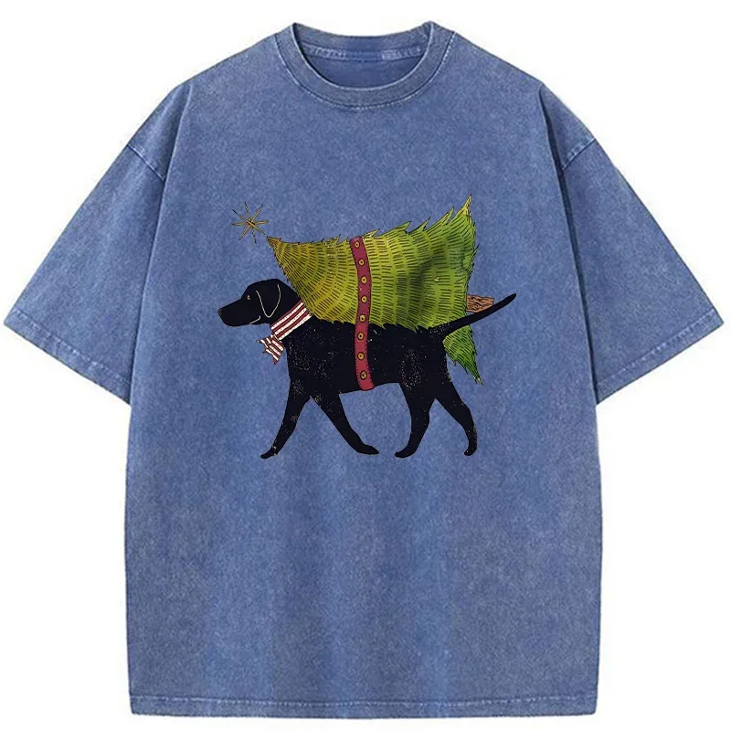 Tokyo-Tiger Dog Carrying Christmas Tree Washed T-Shirt