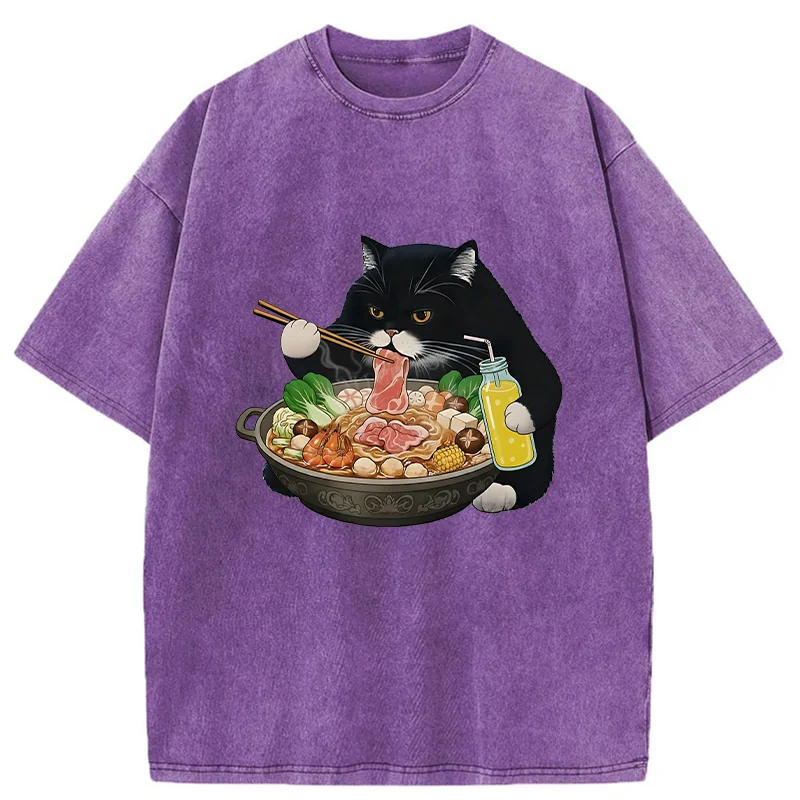 Tokyo-Tiger Black Cat Eating Hot Pot Washed T-Shirt