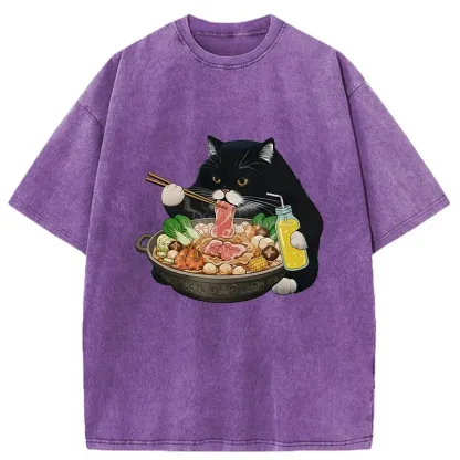 Tokyo-Tiger Black Cat Eating Hot Pot Washed T-Shirt