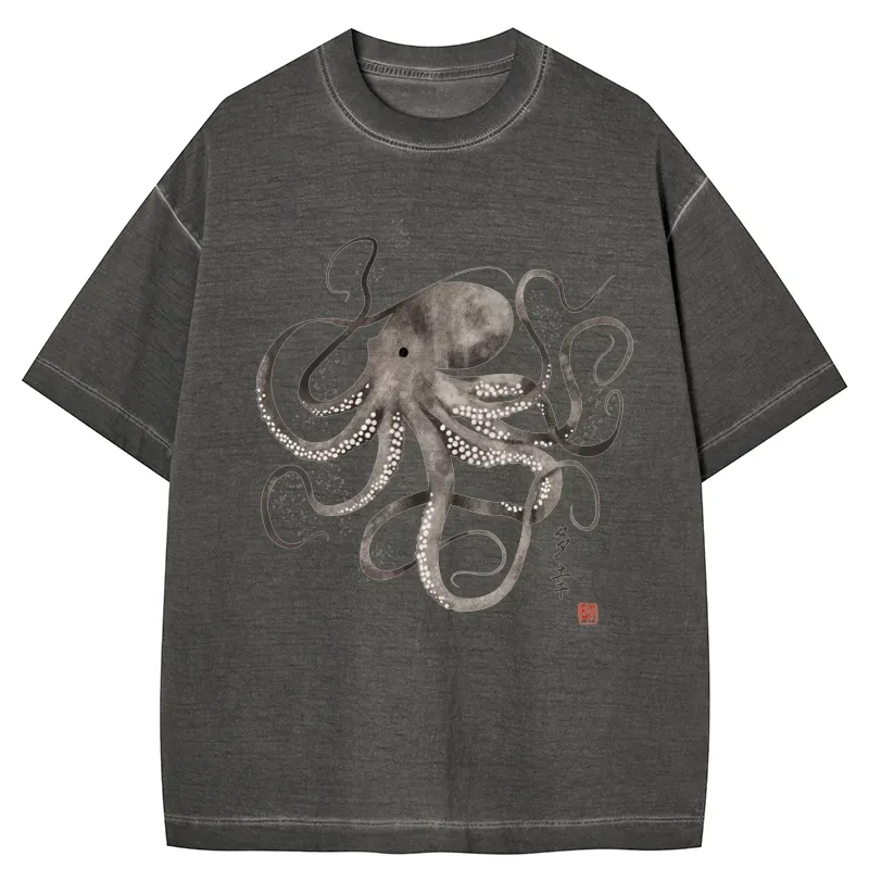 Tokyo-Tiger Octopus Japanese Calligraphy Gradient Washed T-Shirt