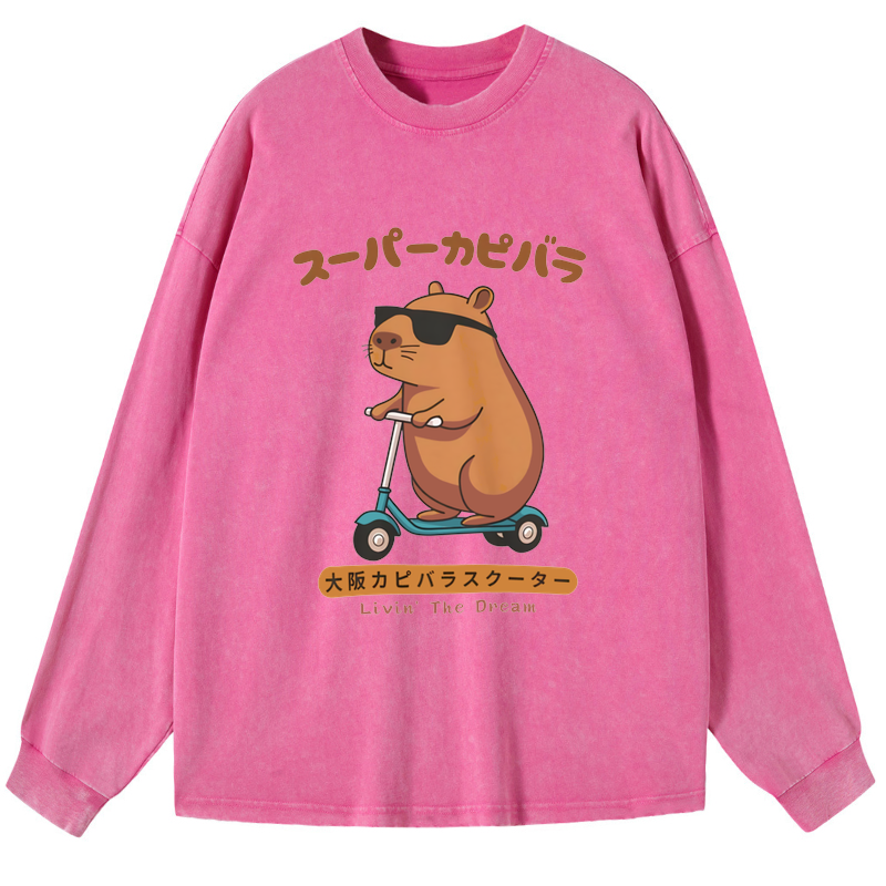 Tokyo-Tiger Osaka Capybara Scooter Washed Long Sleeve T-Shirt