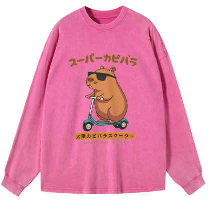 Tokyo-Tiger Osaka Capybara Scooter Washed Long Sleeve T-Shirt
