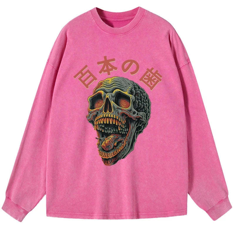 Tokyo-Tiger Terrifying And Disgusting Skull Washed Long Sleeve T-Shirt