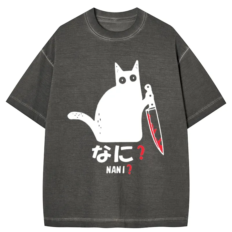 Tokyo-Tiger A Puzzled Cat Holding A Knife Gradient Washed T-Shirt