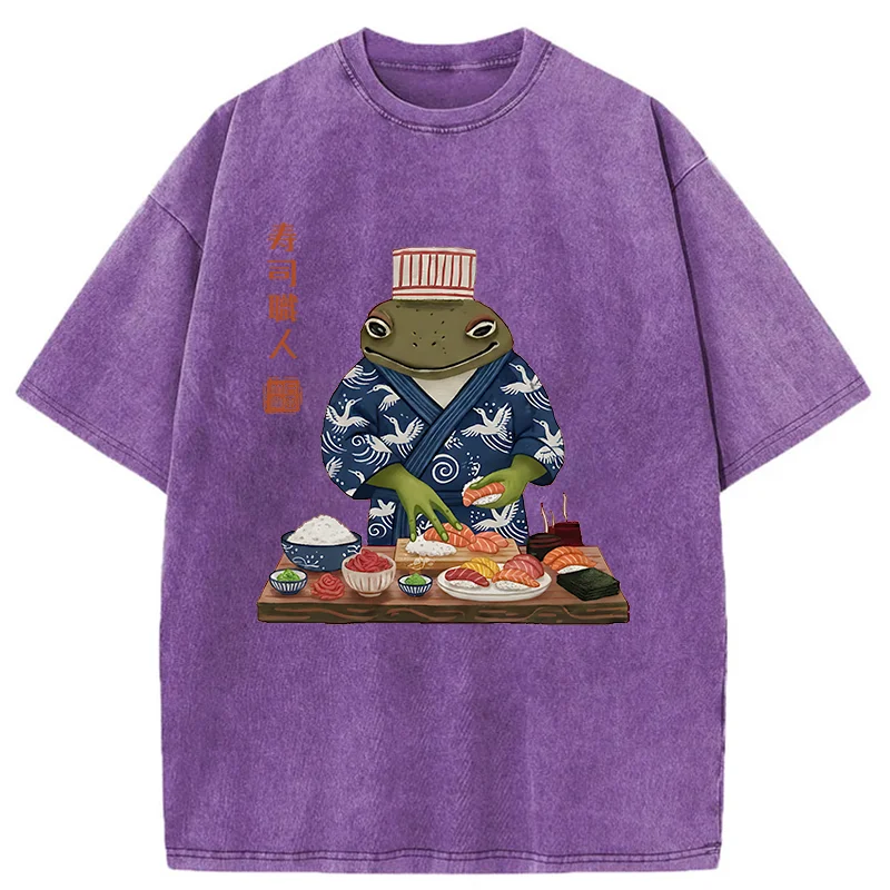 Tokyo-Tiger Frog Sushi Chef Washed T-Shirt